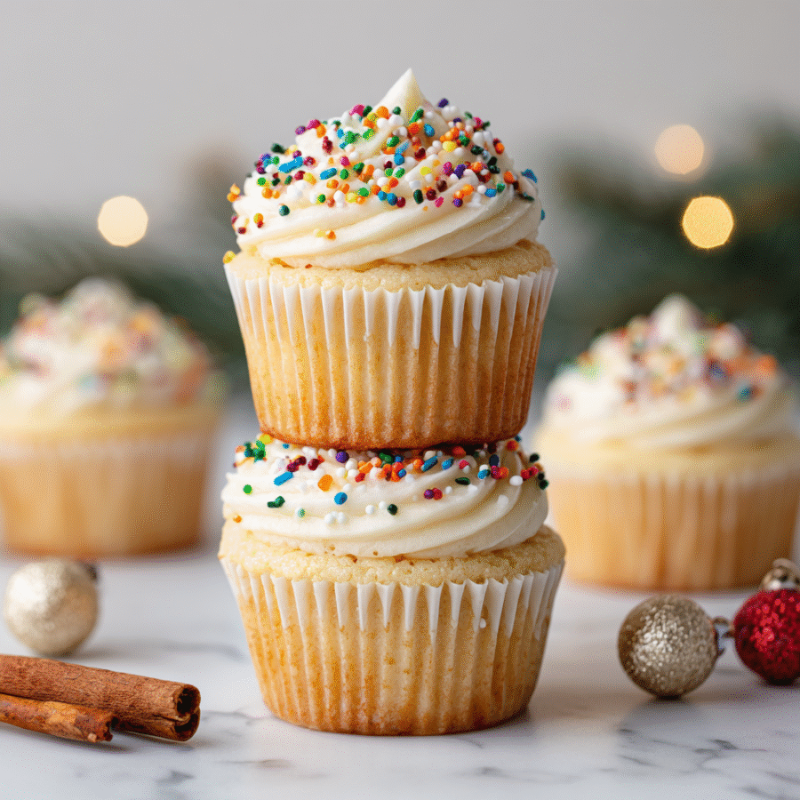 Delightfully Fluffy Vanilla Cupcakes for the Holidays Fluffy vanilla cupcakes decorated with sprinkles for the holidays, mouthwatering treats perfect for winter celebrations.