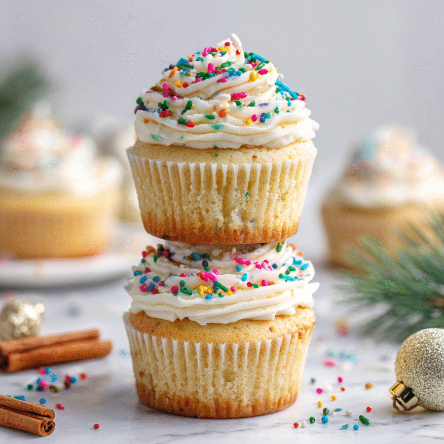 Delightfully Fluffy Vanilla Cupcakes for the Holidays Fluffy vanilla cupcakes decorated with sprinkles for the holidays, mouthwatering treats perfect for winter celebrations.
