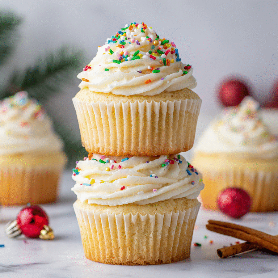 Delightfully Fluffy Vanilla Cupcakes for the Holidays Fluffy vanilla cupcakes decorated with sprinkles for the holidays, mouthwatering treats perfect for winter celebrations.