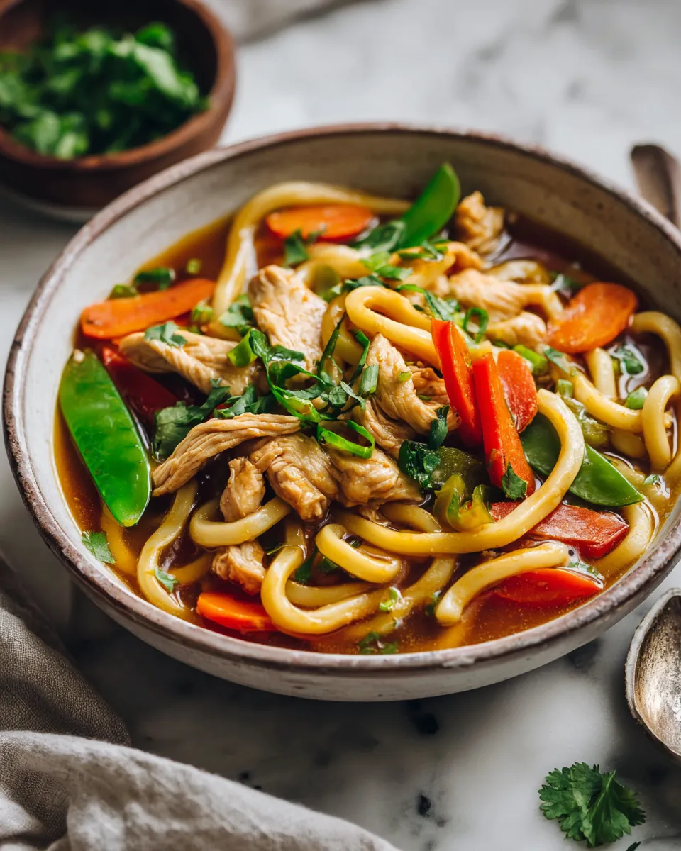 Bowl of Chicken Udon Noodles with tender chicken, chewy udon noodles, and vibrant vegetables, perfect for cozy dinners and holiday gatherings.