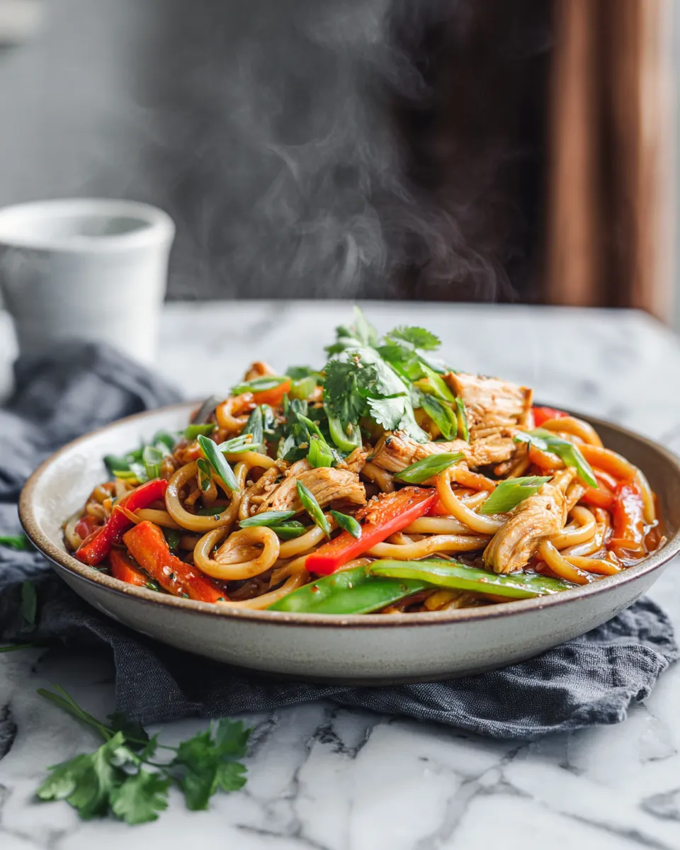 Bowl of Chicken Udon Noodles with tender chicken, chewy udon noodles, and vibrant vegetables, perfect for cozy dinners and holiday gatherings.
