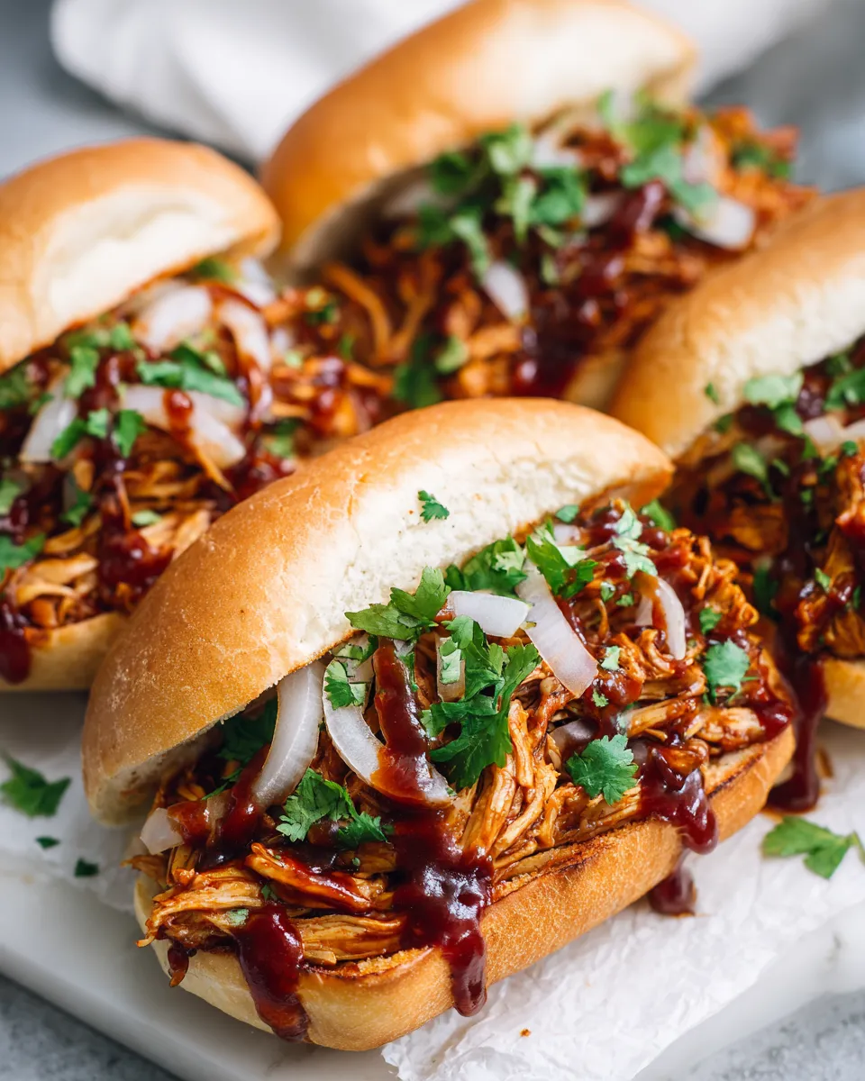 Crockpot BBQ Chicken served on brioche buns with coleslaw, perfect for gatherings and meal prep.