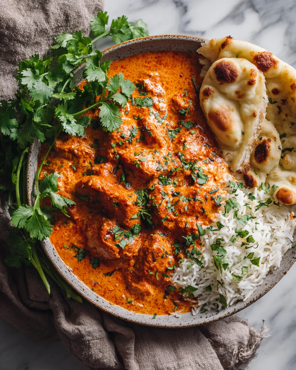 Slow cooker butter chicken with creamy coconut sauce, served over basmati rice. A cozy recipe for autumn dinners and holiday meal prep.