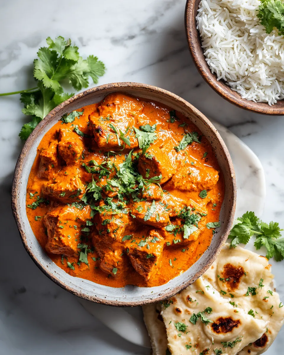 Slow cooker butter chicken with creamy coconut sauce, served over basmati rice. A cozy recipe for autumn dinners and holiday meal prep.