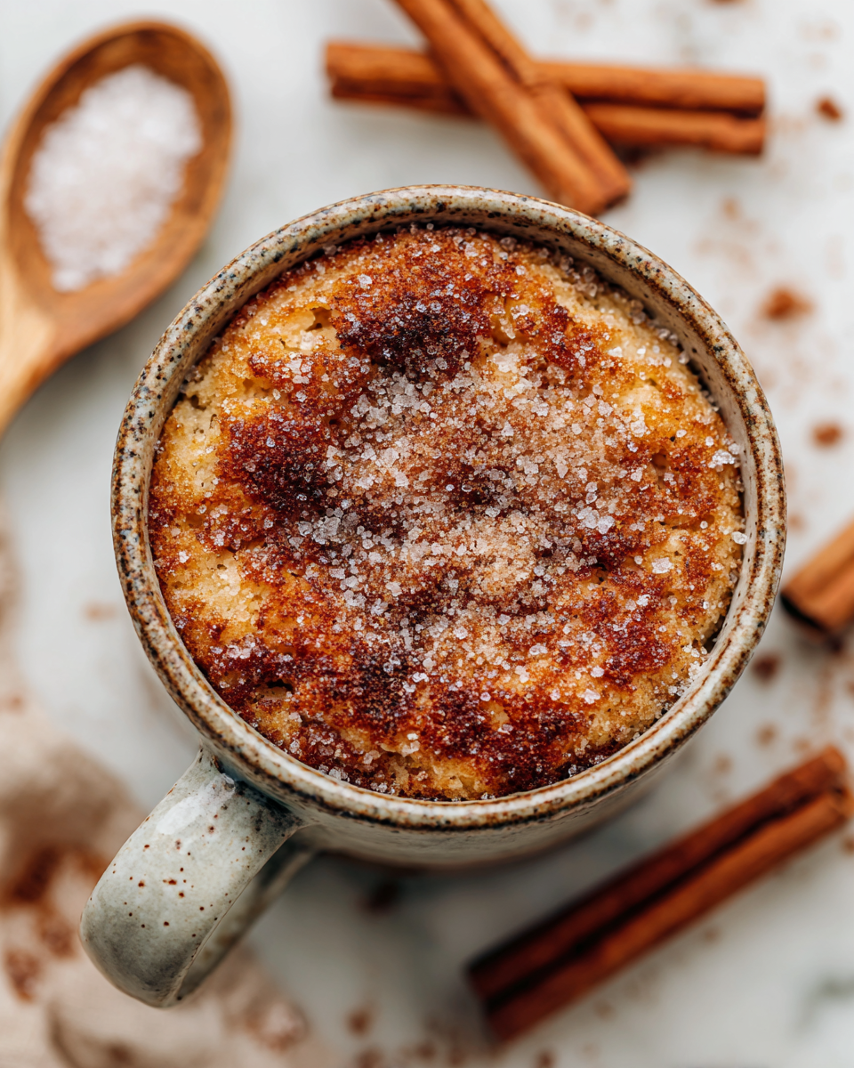 Quick Snickerdoodle Mug Cake made in 2 minutes, perfect cozy dessert for winter; cinnamon sugar flavors make it tempting and easy to prepare.