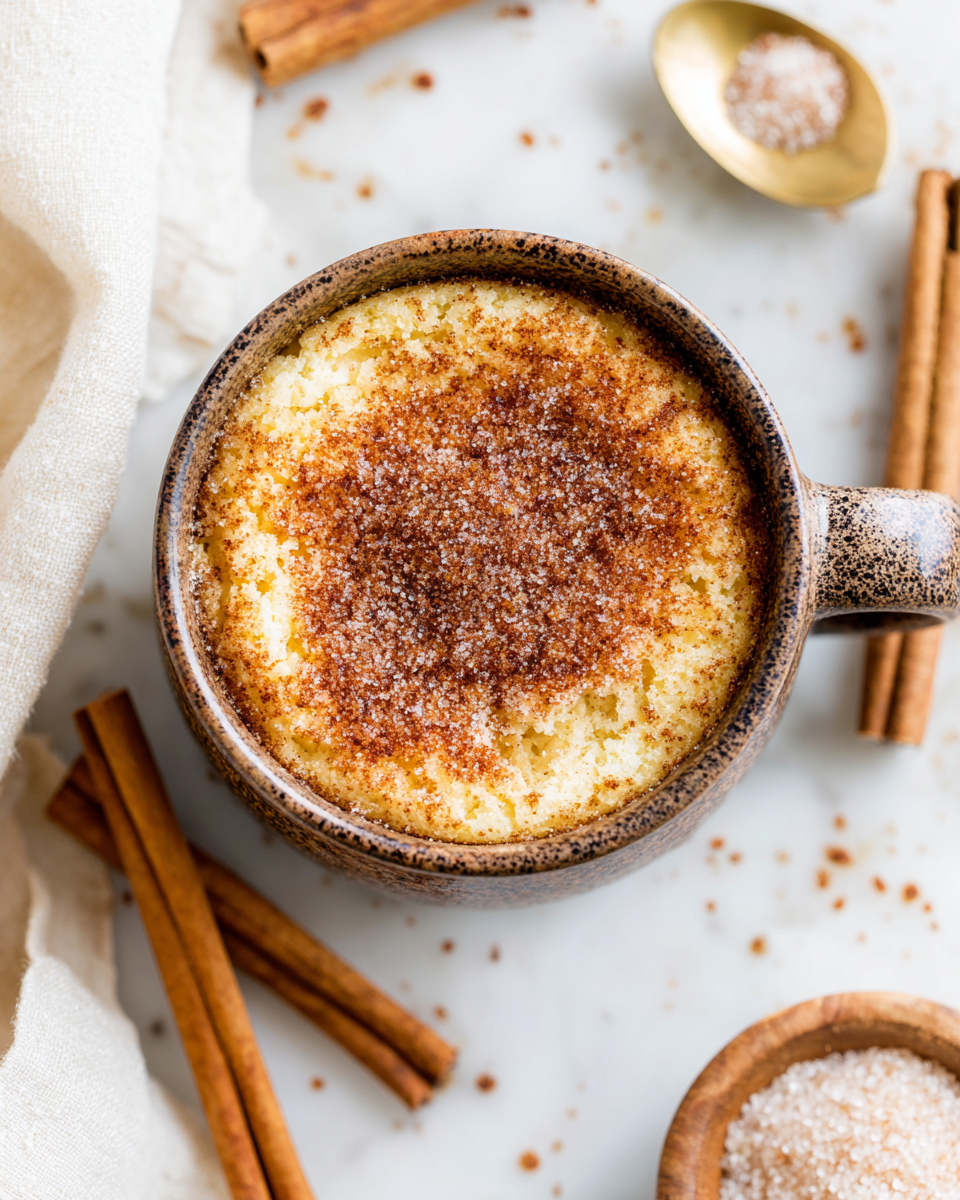 Quick Snickerdoodle Mug Cake made in 2 minutes, perfect cozy dessert for winter; cinnamon sugar flavors make it tempting and easy to prepare.