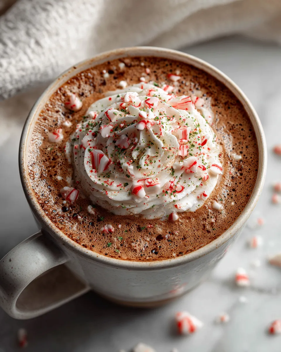 Bulletproof Peppermint Mocha in a festive mug topped with whipped cream and crushed peppermint candies