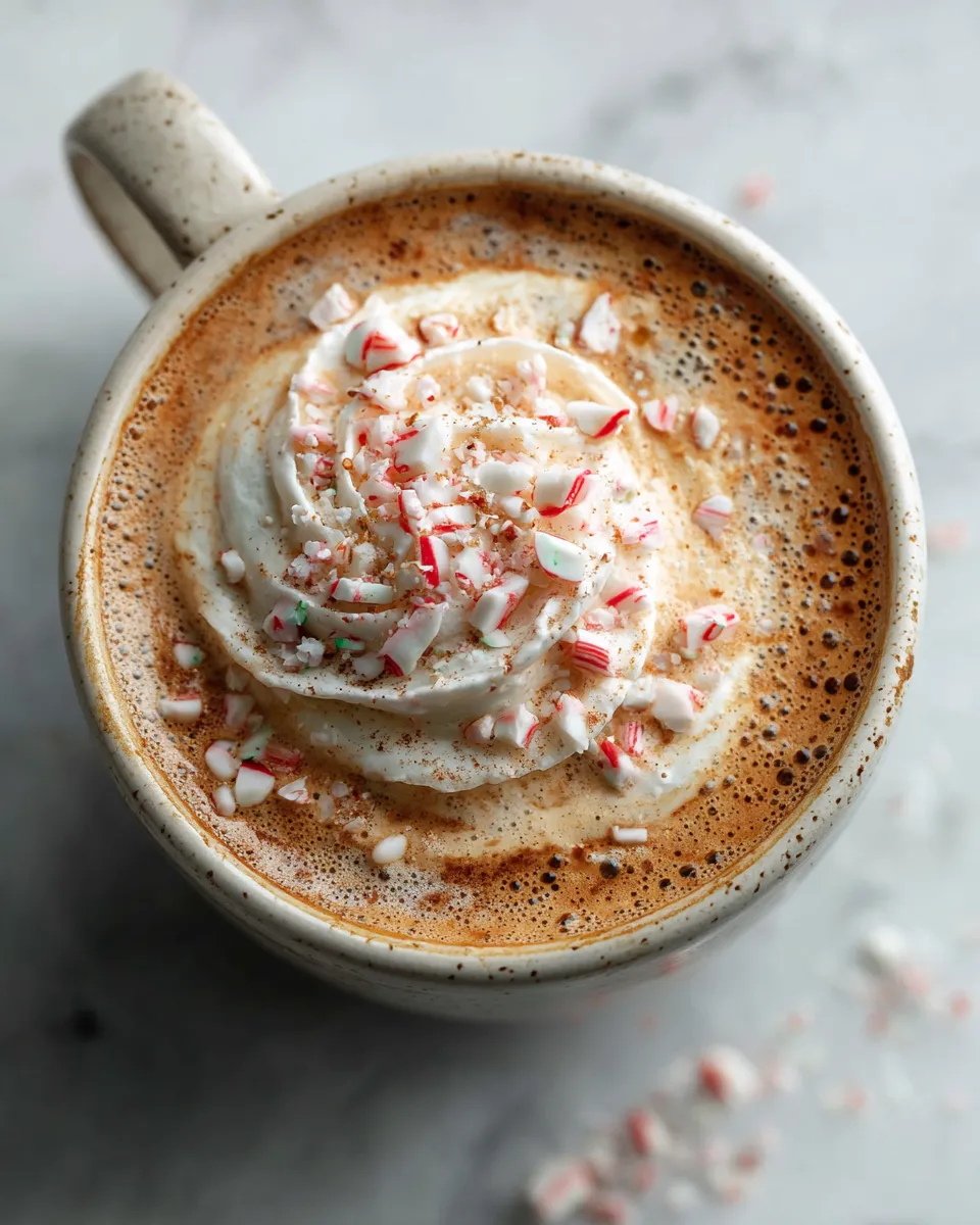Bulletproof Peppermint Mocha in a festive mug topped with whipped cream and crushed peppermint candies