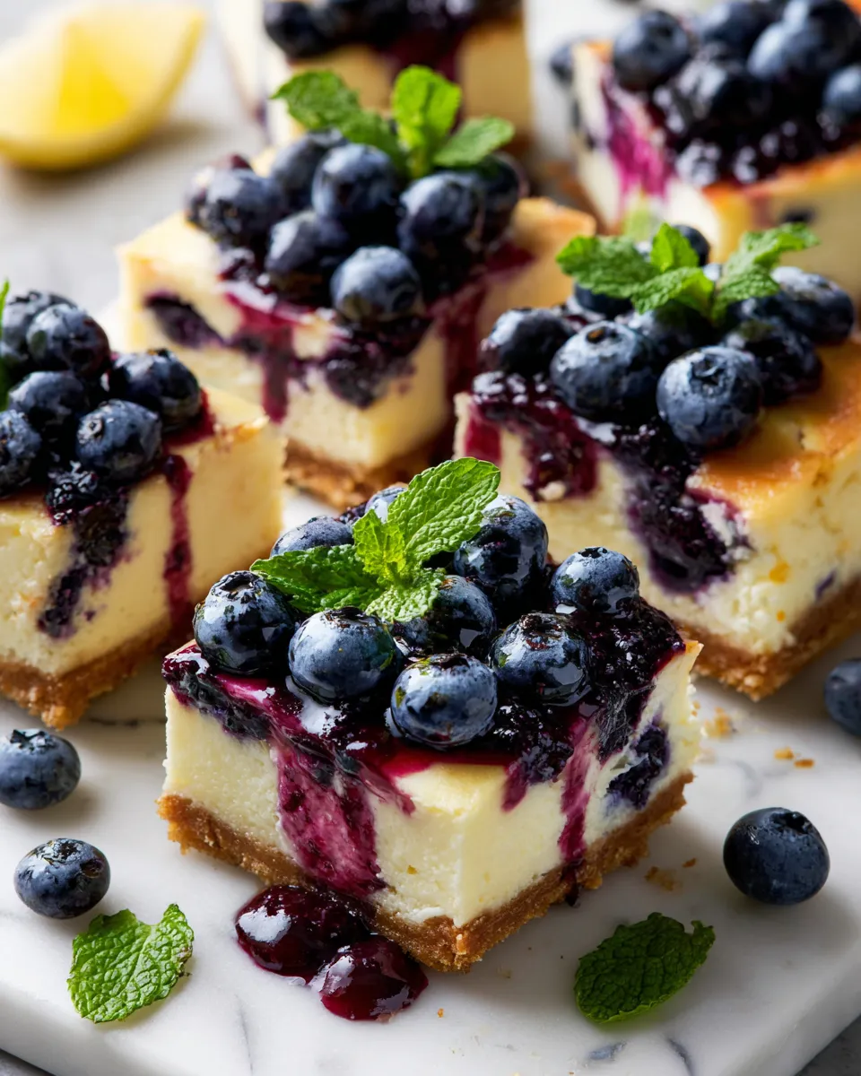 Delicious lemon blueberry cheesecake with creamy filling and vibrant blueberry topping, perfect dessert for holidays and gatherings.