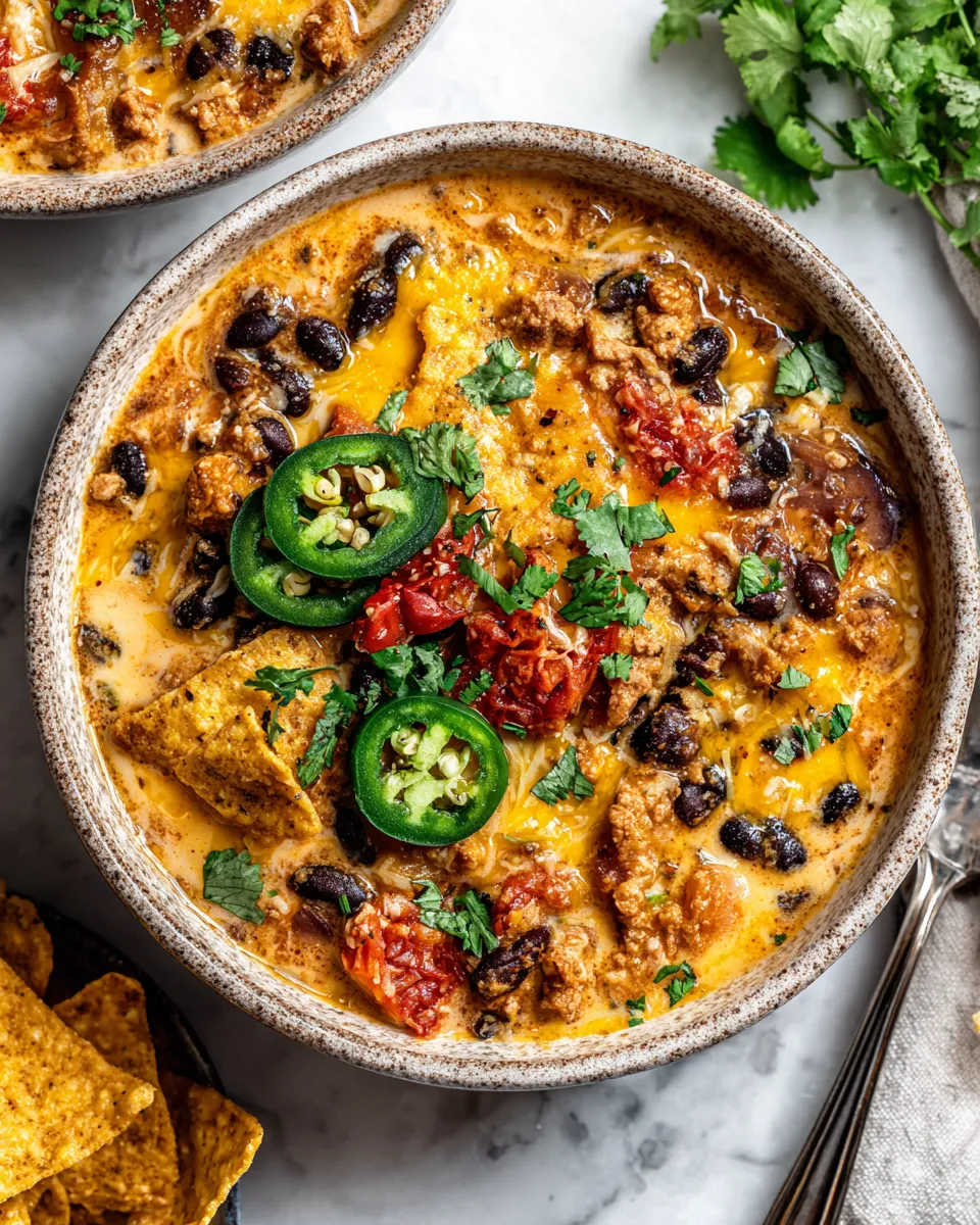 Creamy Queso Chicken Chili for Cozy Nights Creamy Queso Chicken Chili served in a bowl, garnished with jalapeƱos and cilantro, perfect for fall gatherings and weeknight dinners.