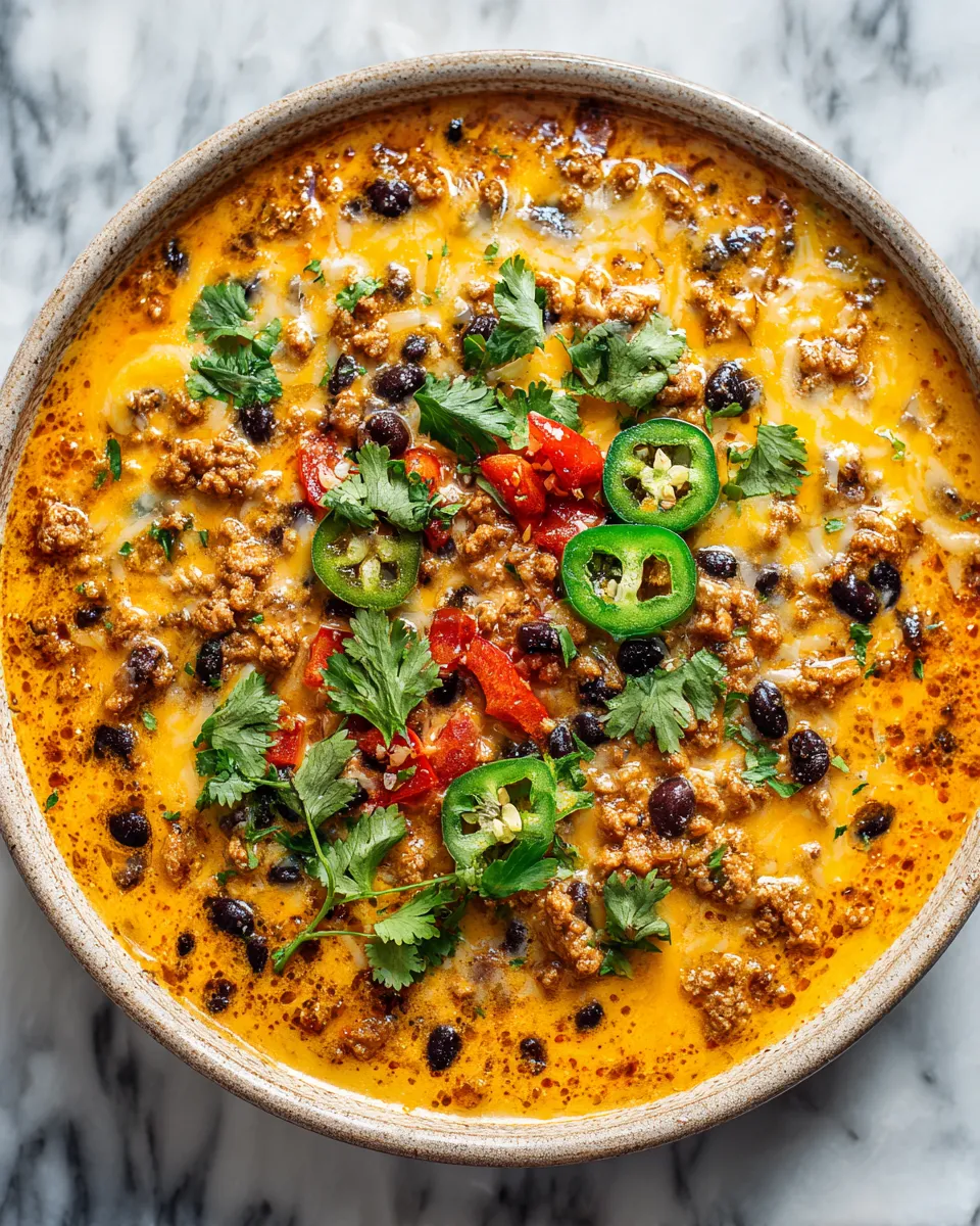 Creamy Queso Chicken Chili for Cozy Nights Creamy Queso Chicken Chili served in a bowl, garnished with jalapeƱos and cilantro, perfect for fall gatherings and weeknight dinners.