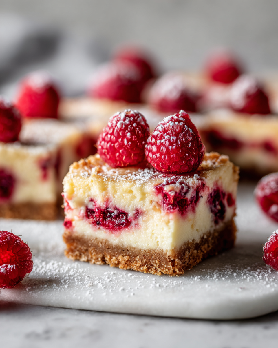 Raspberry cheesecake bars with graham cracker crust, vibrant raspberries, and creamy filling, perfect holiday dessert