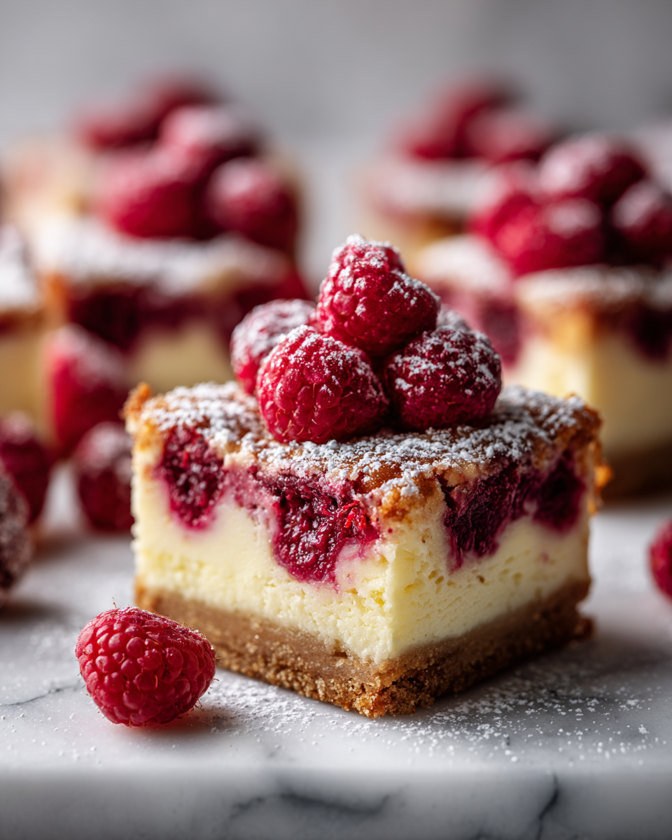 Raspberry cheesecake bars with graham cracker crust, vibrant raspberries, and creamy filling, perfect holiday dessert