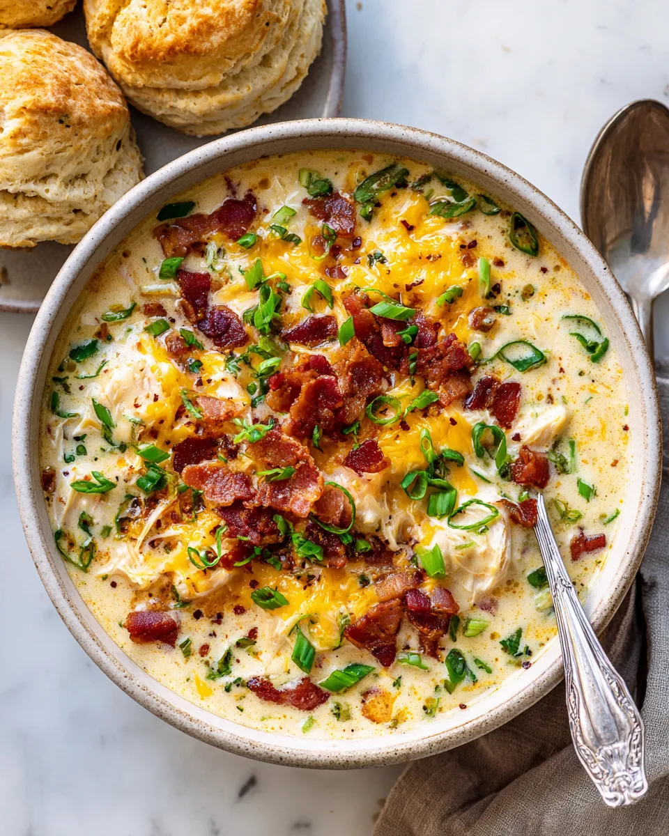 Creamy Slow Cooker Crack Chicken Soup with chicken, cream cheese, bacon, and cheddar—perfect autumn comfort food. Easy to make and delicious!