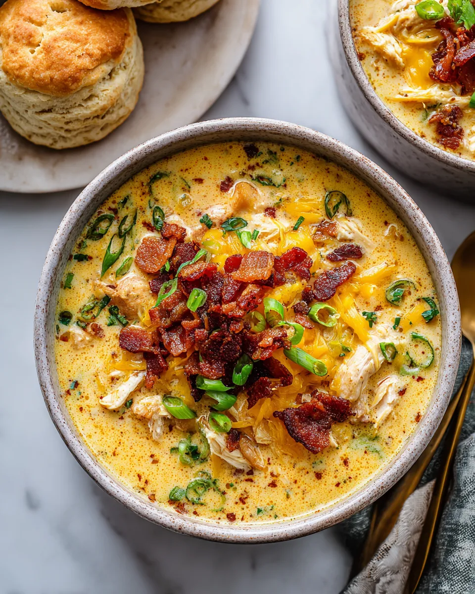 Creamy Slow Cooker Crack Chicken Soup with chicken, cream cheese, bacon, and cheddar—perfect autumn comfort food. Easy to make and delicious!