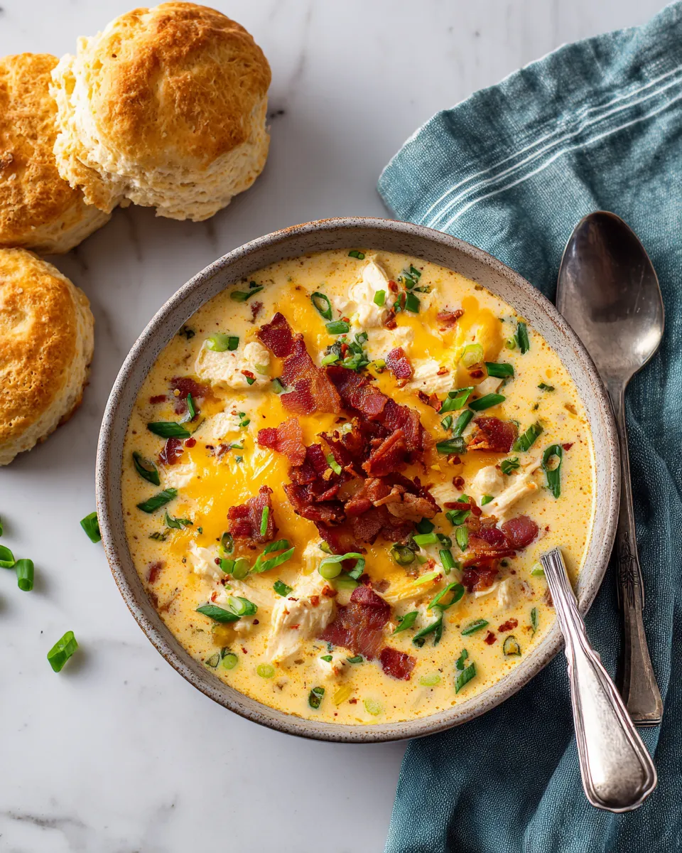 Creamy Slow Cooker Crack Chicken Soup with chicken, cream cheese, bacon, and cheddar—perfect autumn comfort food. Easy to make and delicious!