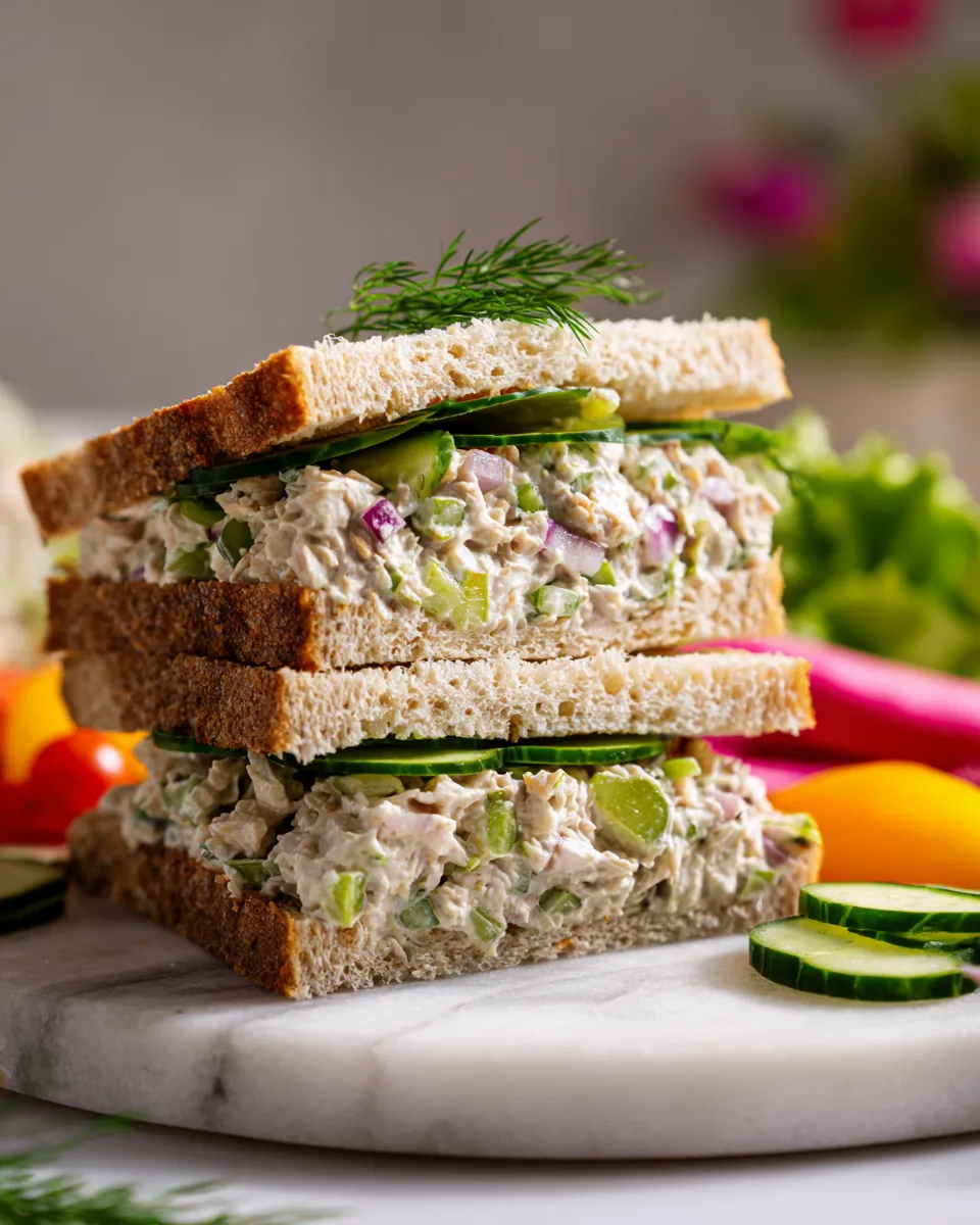 Delicious creamy tuna salad sandwich with avocado, ready in 15 minutes, perfect for quick lunches or holiday meals.