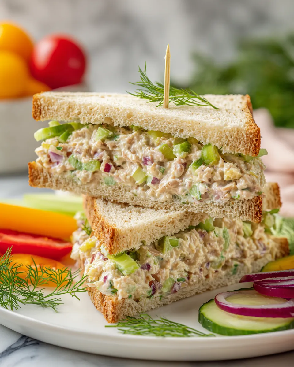 Delicious creamy tuna salad sandwich with avocado, ready in 15 minutes, perfect for quick lunches or holiday meals.
