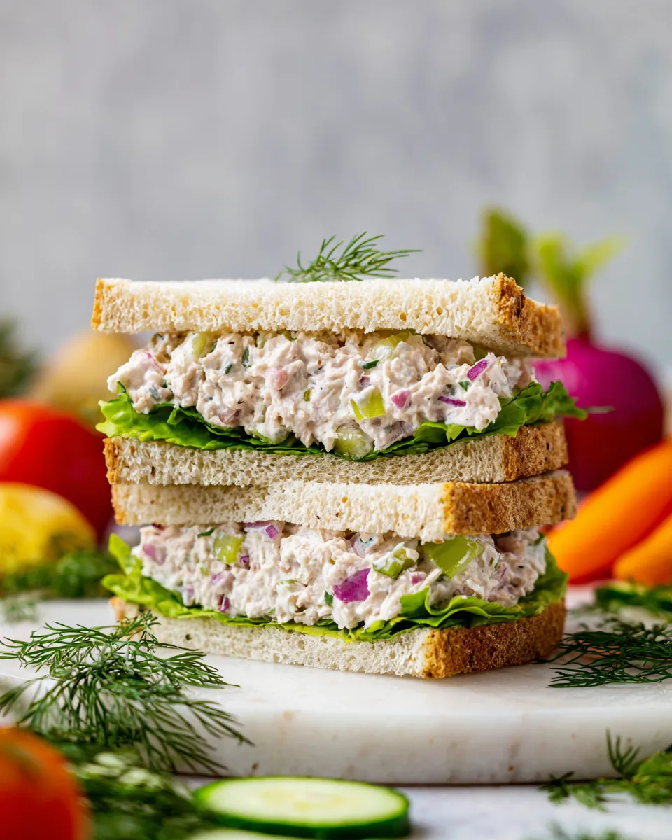 Delicious creamy tuna salad sandwich with avocado, ready in 15 minutes, perfect for quick lunches or holiday meals.