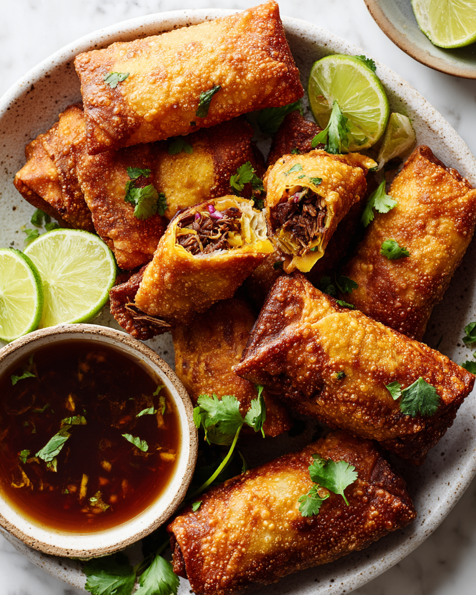 Crispy birria egg rolls filled with beef, perfect for holiday gatherings, with dipping sauce.