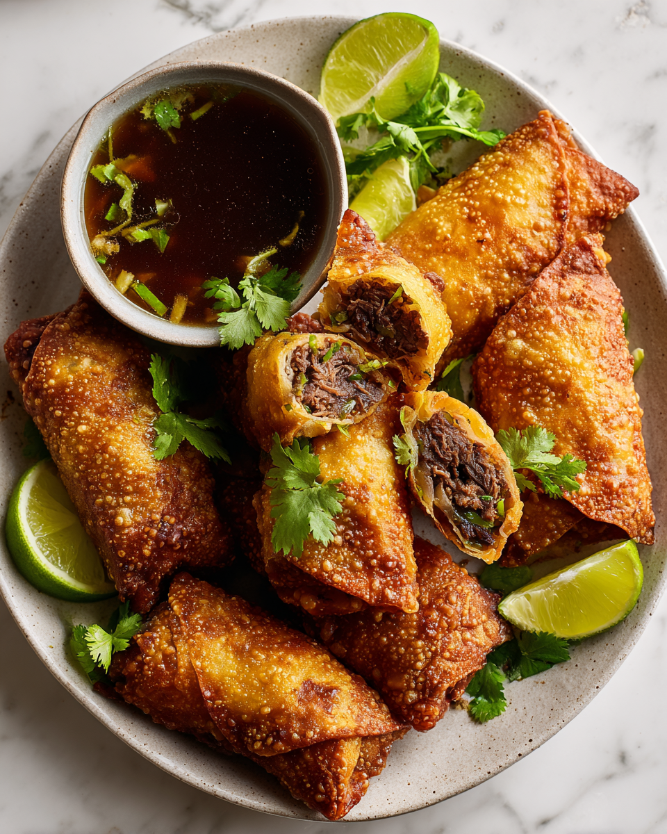 Crispy birria egg rolls filled with beef, perfect for holiday gatherings, with dipping sauce.