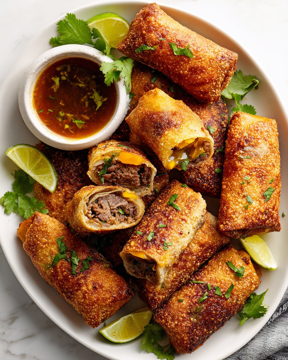 Crispy birria egg rolls filled with beef, perfect for holiday gatherings, with dipping sauce.