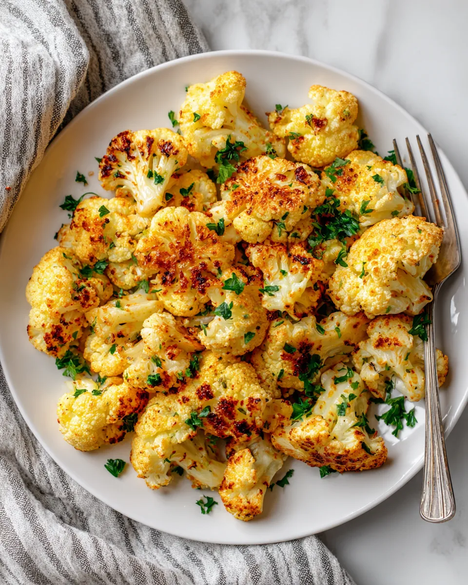 Crispy roasted cauliflower florets with olive oil and seasonings, a healthy and delicious side dish for holidays.