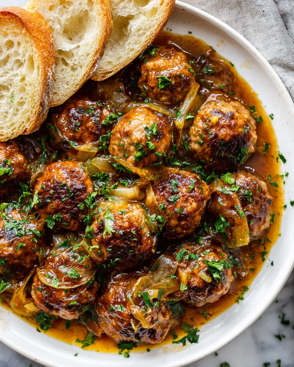 Delicious Crock Pot French Onion Meatballs served with crusty bread and melted cheese, perfect for holiday gatherings.