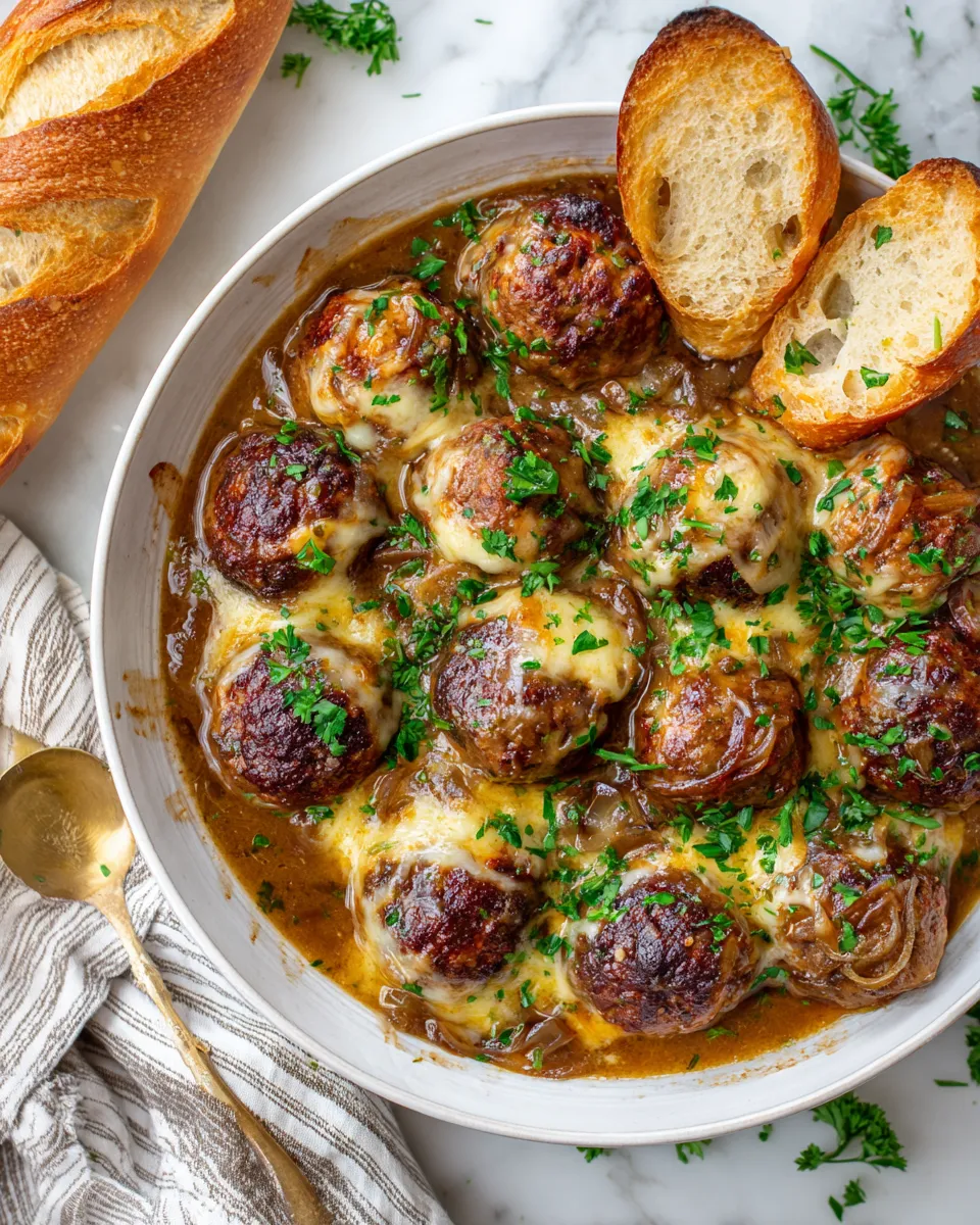 Delicious Crock Pot French Onion Meatballs served with crusty bread and melted cheese, perfect for holiday gatherings.