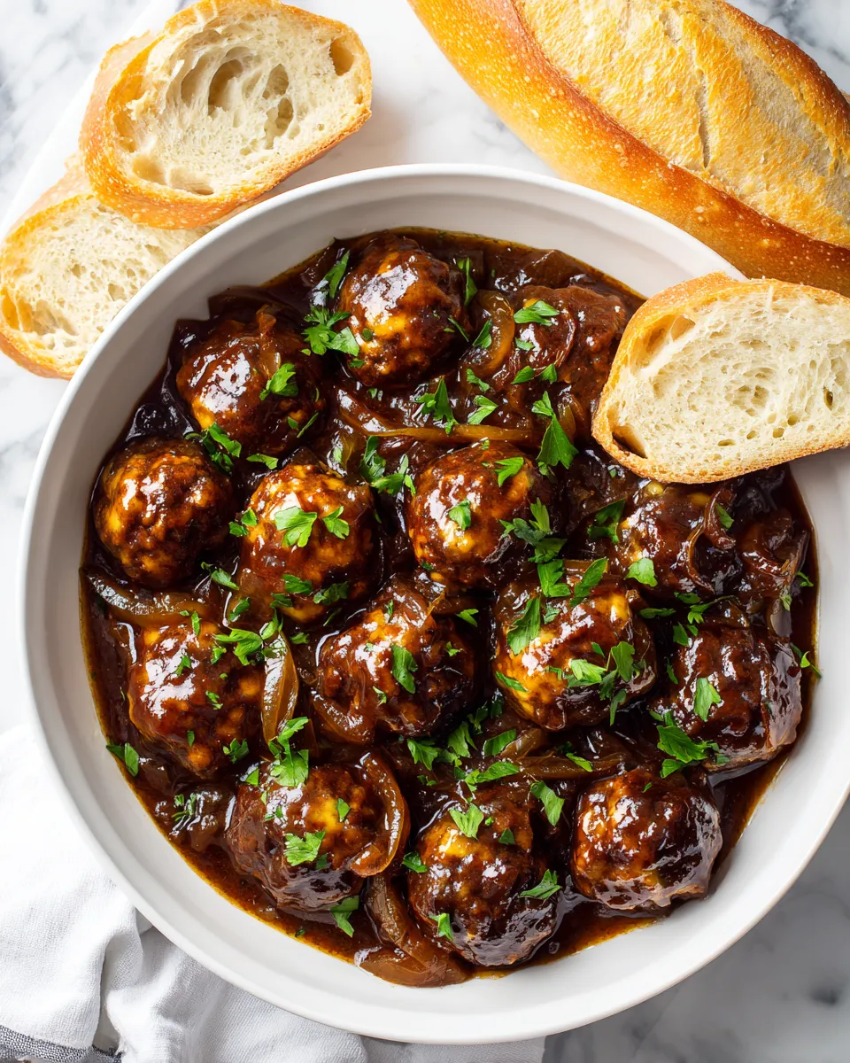 Delicious Crock Pot French Onion Meatballs served with crusty bread and melted cheese, perfect for holiday gatherings.