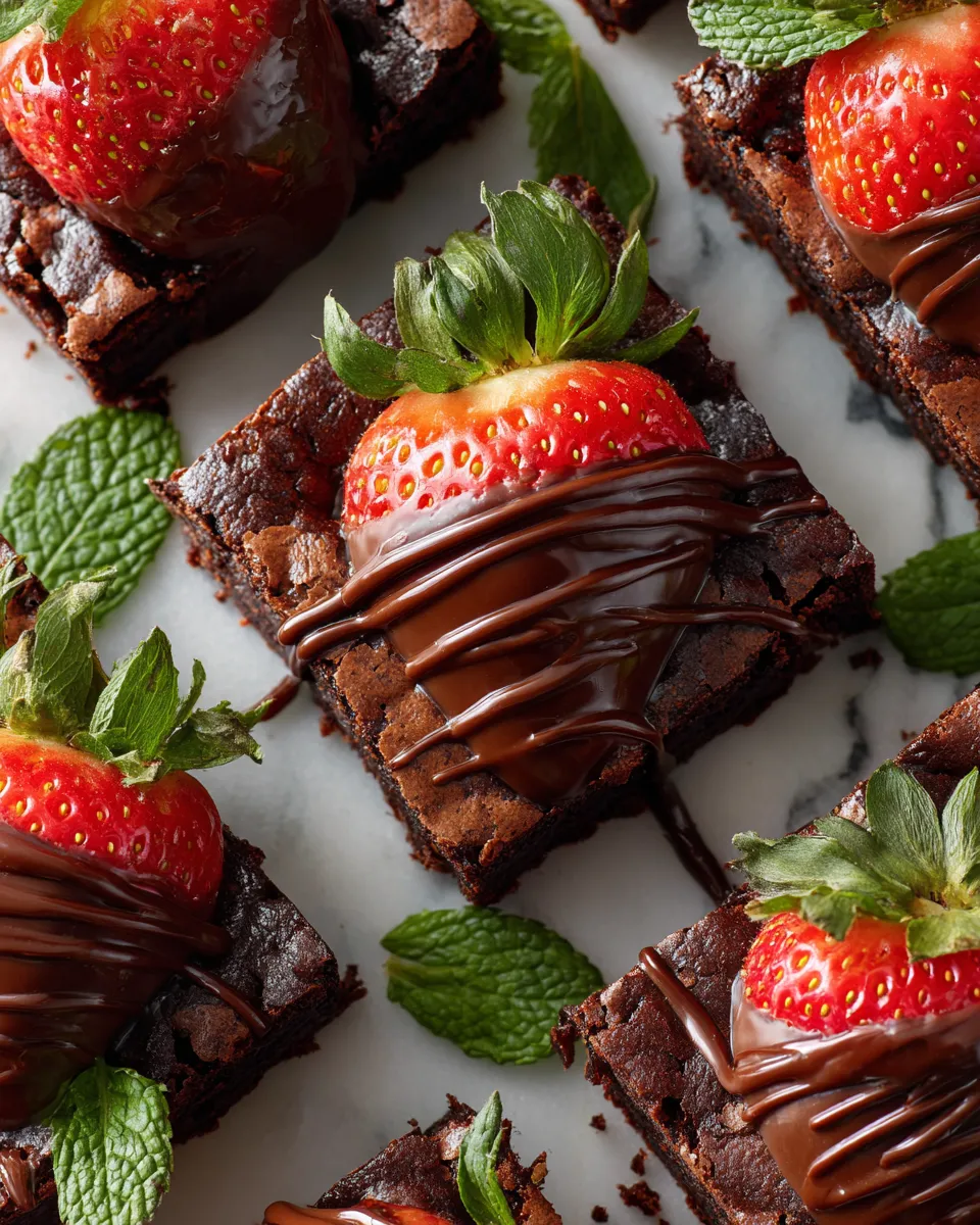 Delicious Chocolate-Covered Strawberry Brownies featuring fudgy chocolate brownies topped with fresh strawberries and melted chocolate, perfect dessert.