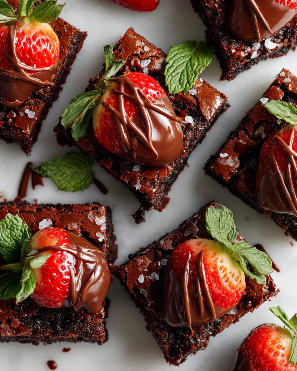 Delicious Chocolate-Covered Strawberry Brownies featuring fudgy chocolate brownies topped with fresh strawberries and melted chocolate, perfect dessert.