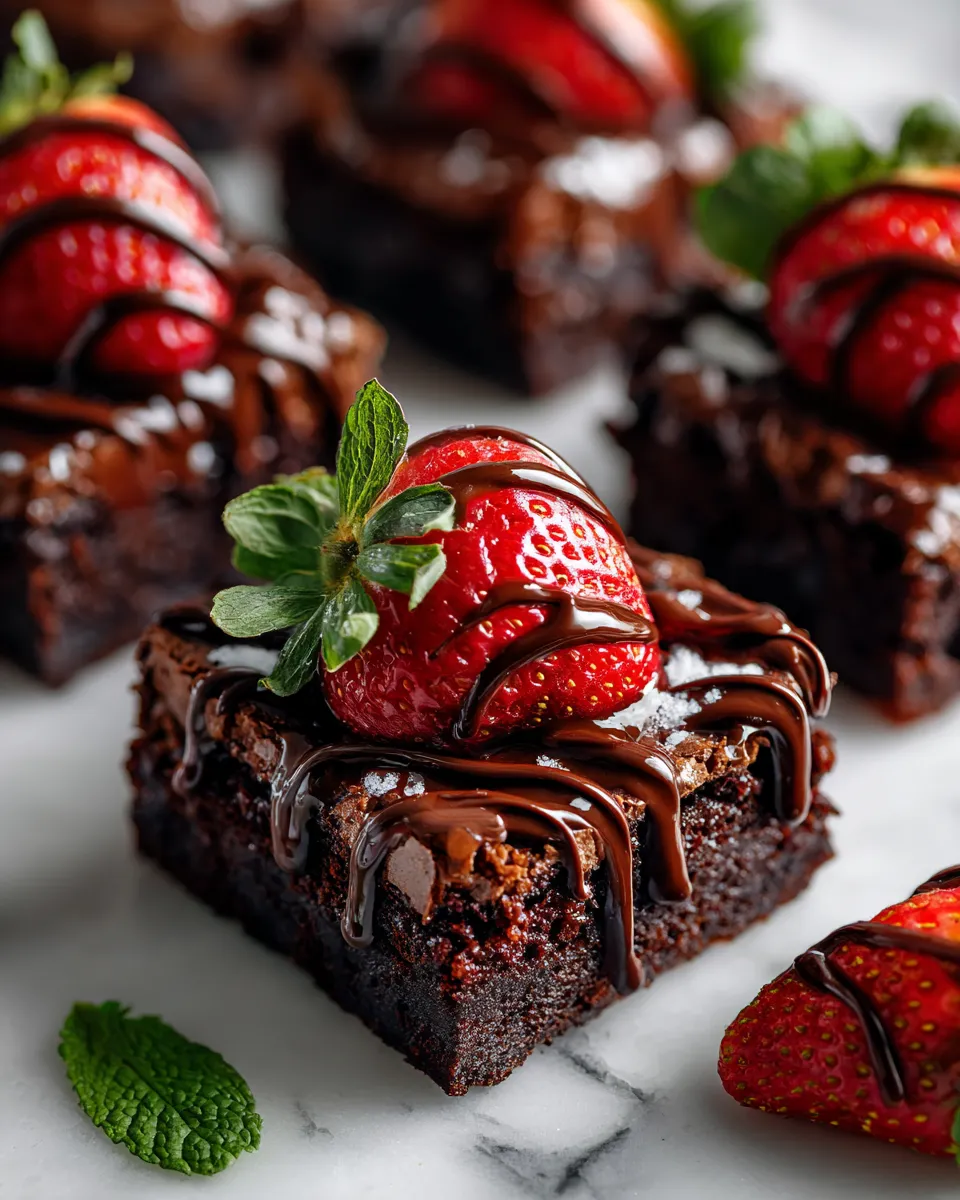 Delicious Chocolate-Covered Strawberry Brownies featuring fudgy chocolate brownies topped with fresh strawberries and melted chocolate, perfect dessert.