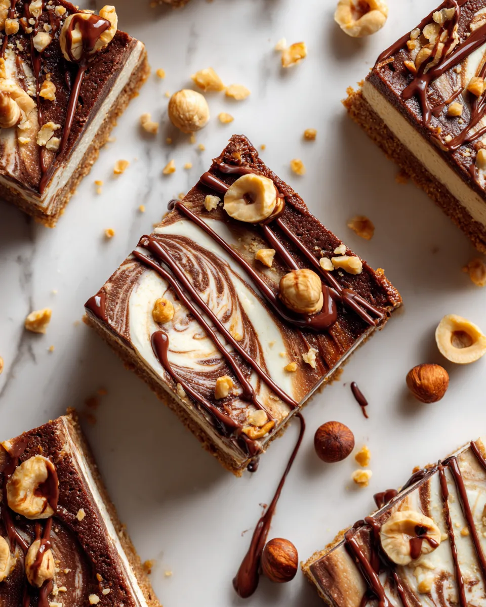 Delicious Nutella cheesecake bars topped with chocolate, perfect for holiday gatherings, easy dessert recipe, creamy cheesecake bars.