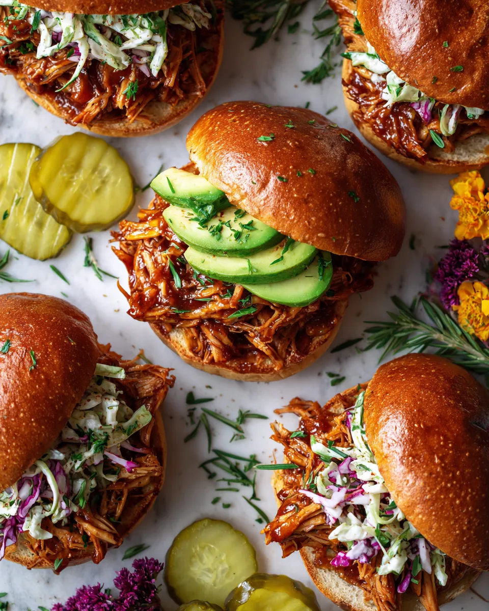 BBQ Jackfruit Sandwiches on toasted buns with toppings