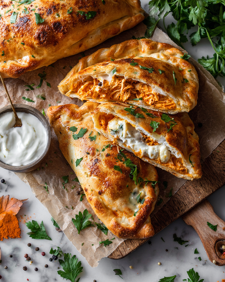 Warm Buffalo Chicken Calzones filled with spicy shredded chicken and cheese, perfect for cold weather and holiday gatherings.