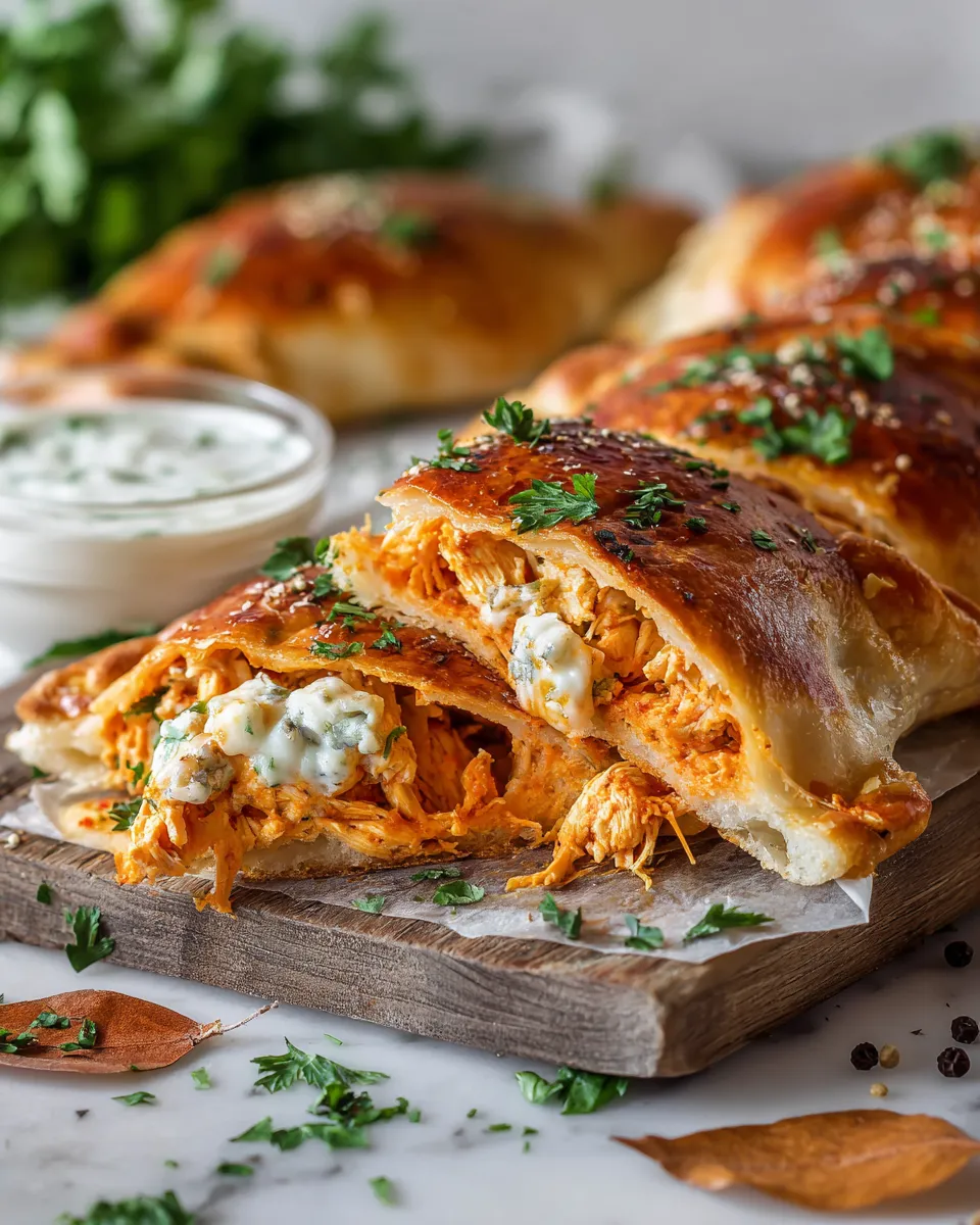 Warm Buffalo Chicken Calzones filled with spicy shredded chicken and cheese, perfect for cold weather and holiday gatherings.