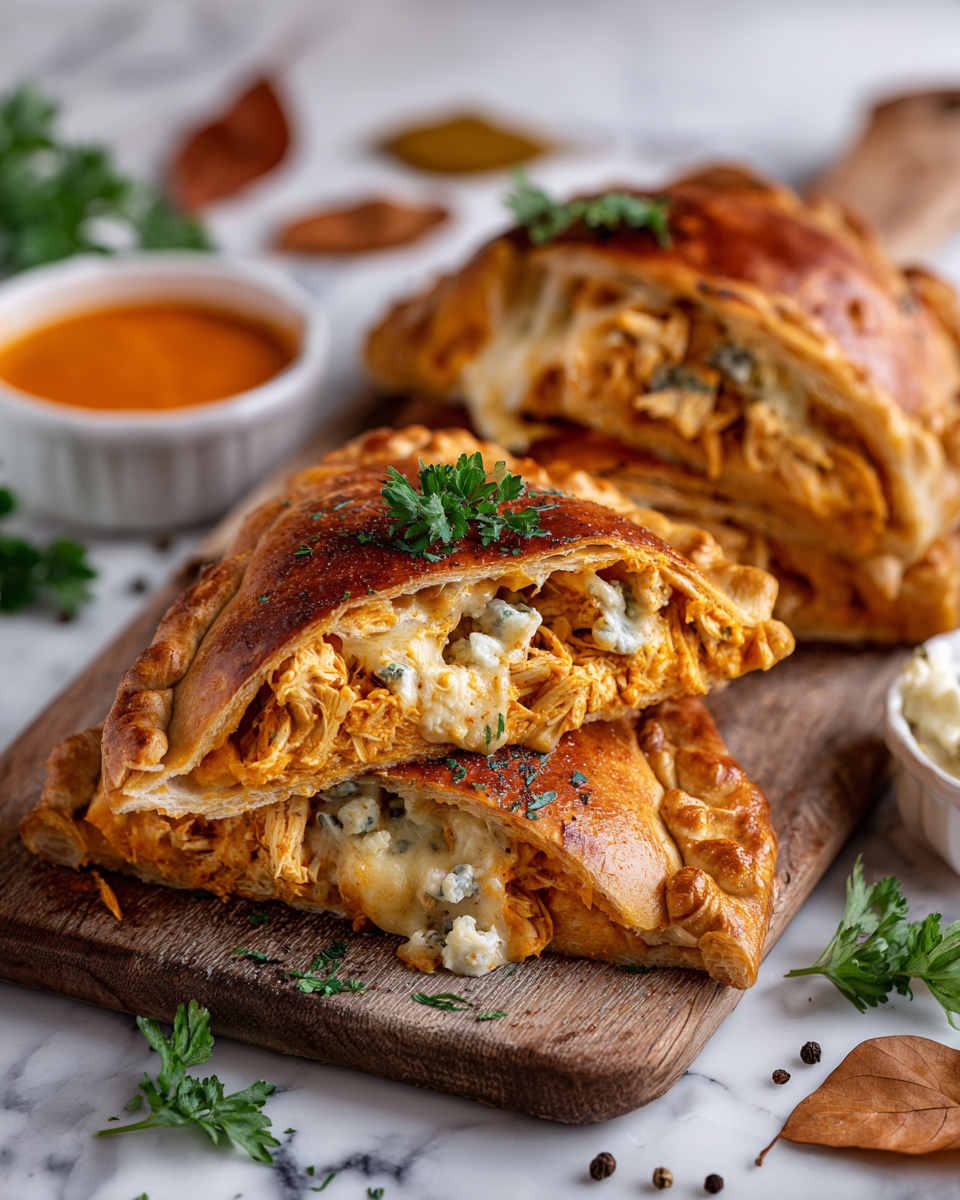Warm Buffalo Chicken Calzones filled with spicy shredded chicken and cheese, perfect for cold weather and holiday gatherings.