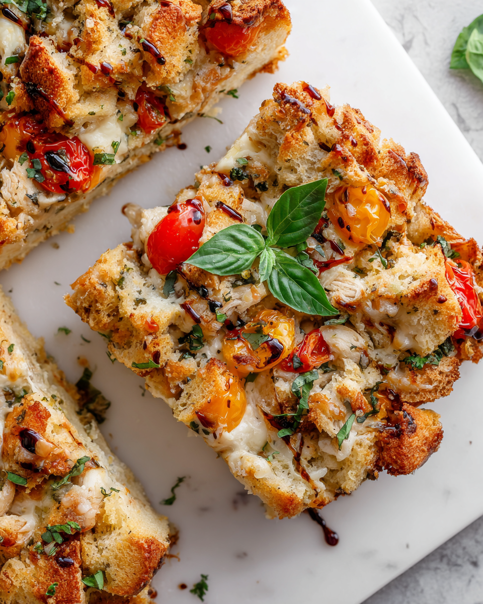 Chicken Bruschetta Bake with stuffing, a flavorful and festive dish for family gatherings.