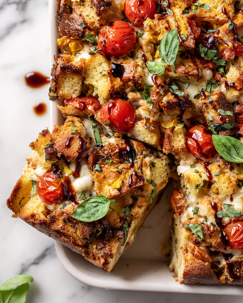 Chicken Bruschetta Bake with stuffing, a flavorful and festive dish for family gatherings.