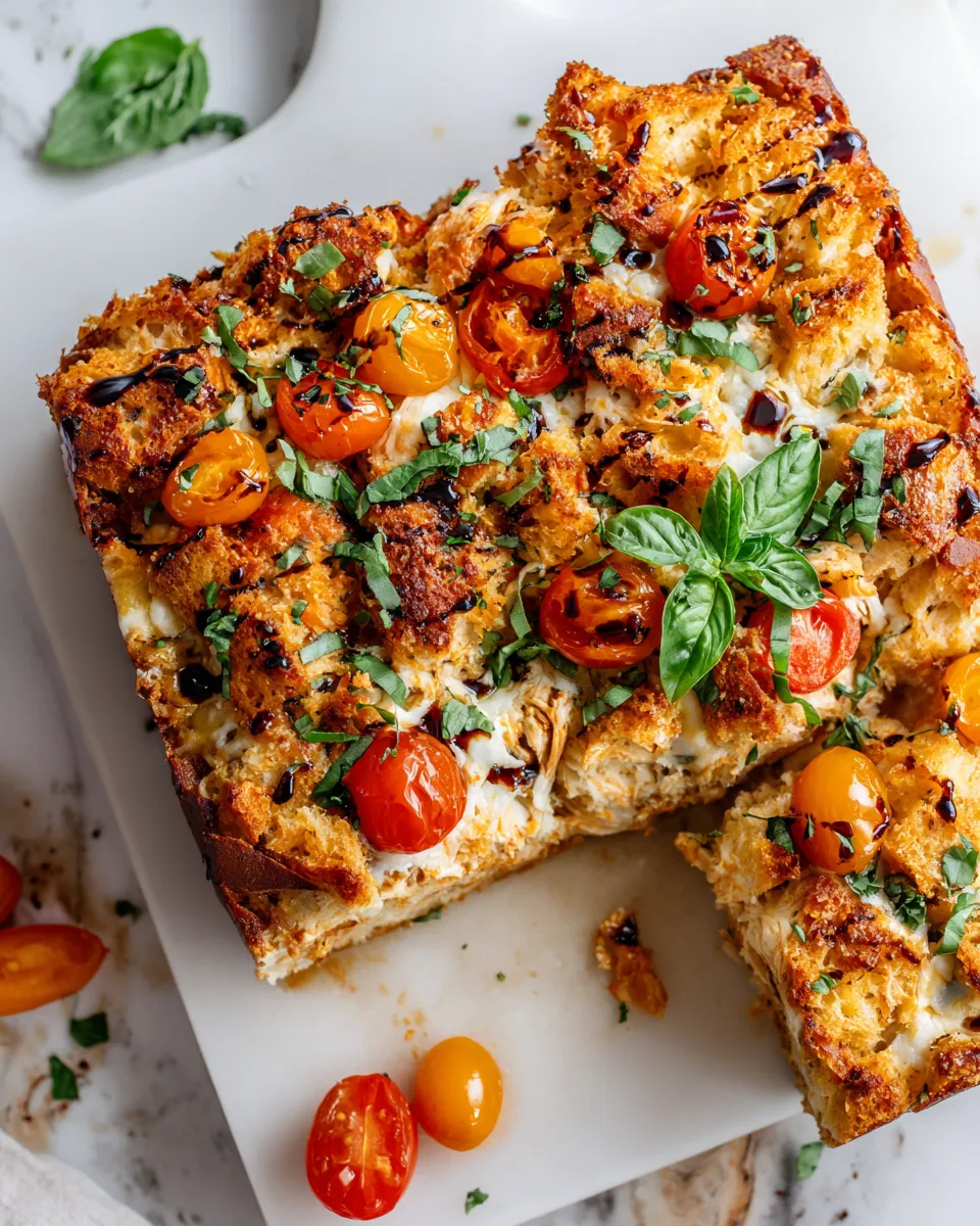 Chicken Bruschetta Bake with stuffing, a flavorful and festive dish for family gatherings.