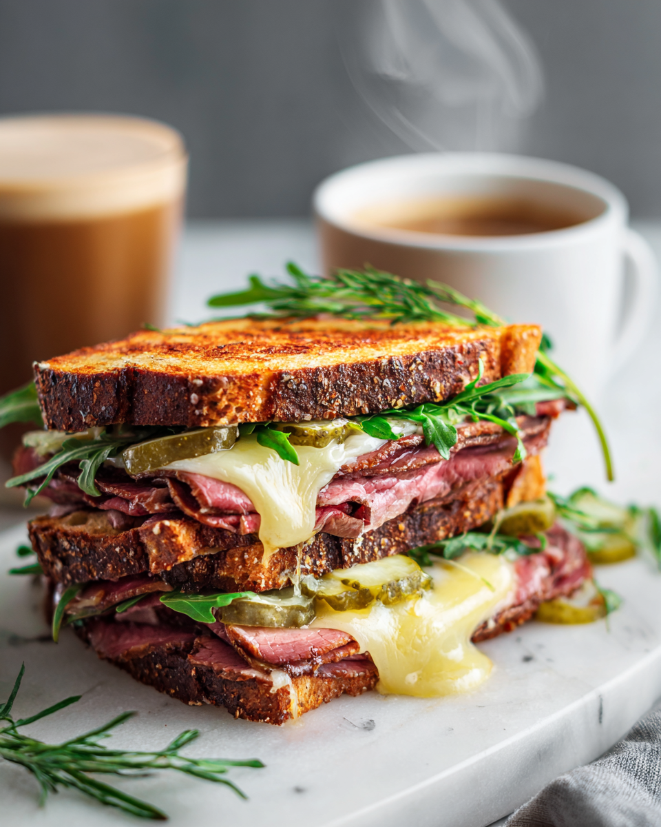 Grilled Deli Roast Beef Sandwich with au jus on rye bread, featuring Swiss cheese and horseradish sauce, perfect for cozy meals.