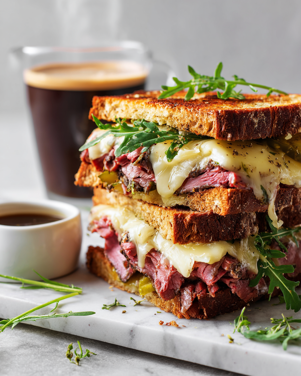 Grilled Deli Roast Beef Sandwich with au jus on rye bread, featuring Swiss cheese and horseradish sauce, perfect for cozy meals.