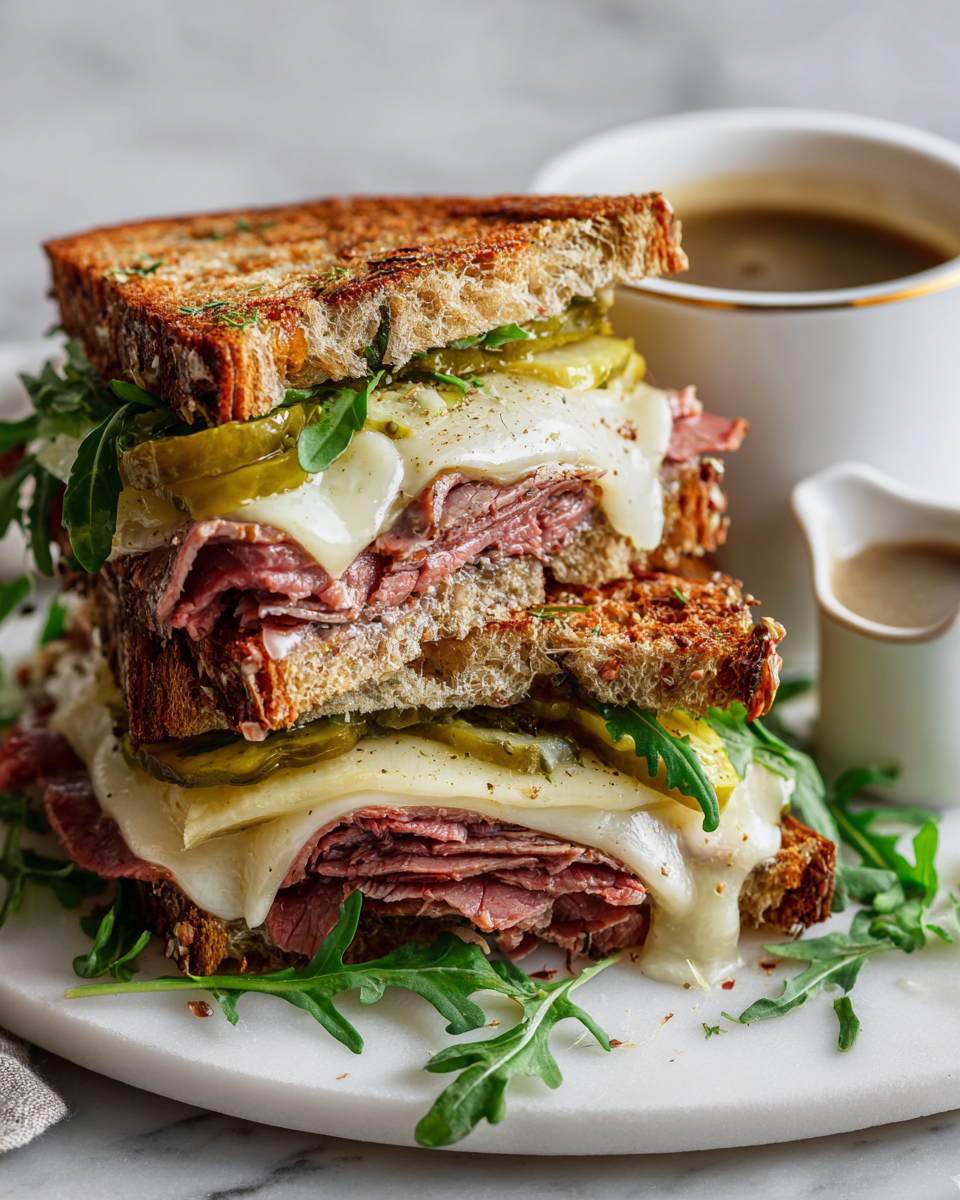 Grilled Deli Roast Beef Sandwich with au jus on rye bread, featuring Swiss cheese and horseradish sauce, perfect for cozy meals.