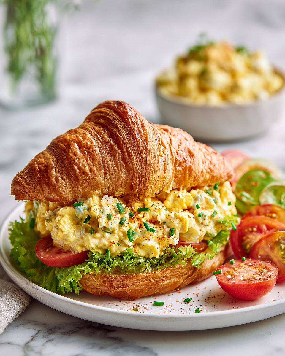 Egg salad croissant sandwich with creamy filling, perfect for brunch