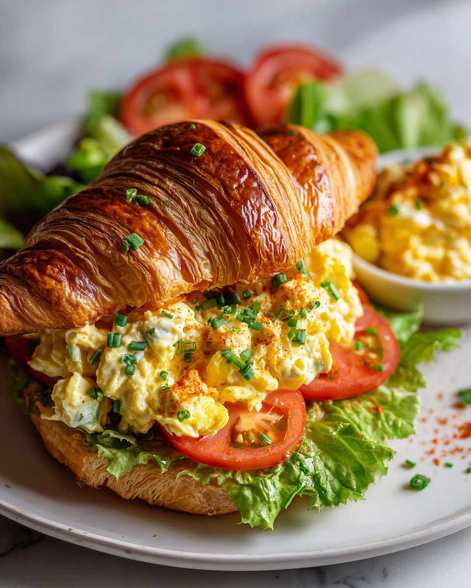 Egg salad croissant sandwich with creamy filling, perfect for brunch