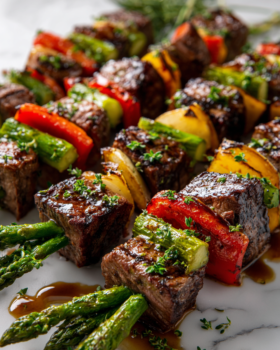 Grilled steak and asparagus kabobs bursting with color and flavor, ideal for festive gatherings or family dinners.