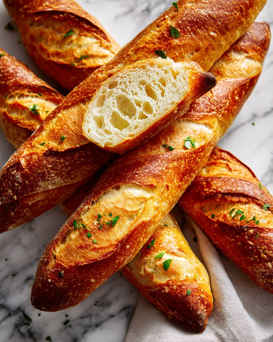 Delicious Homemade French Baguettes Freshly baked homemade French baguettes with a crispy crust and soft inside, perfect for holiday feasts.