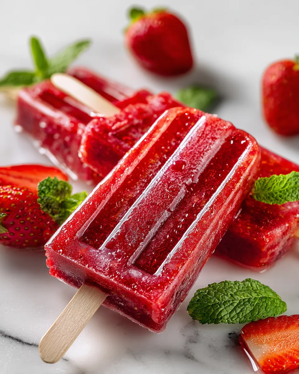 Delicious strawberry popsicles recipe made with fresh strawberries, sugar, and lemon juice, perfect summer treat for cooling down.