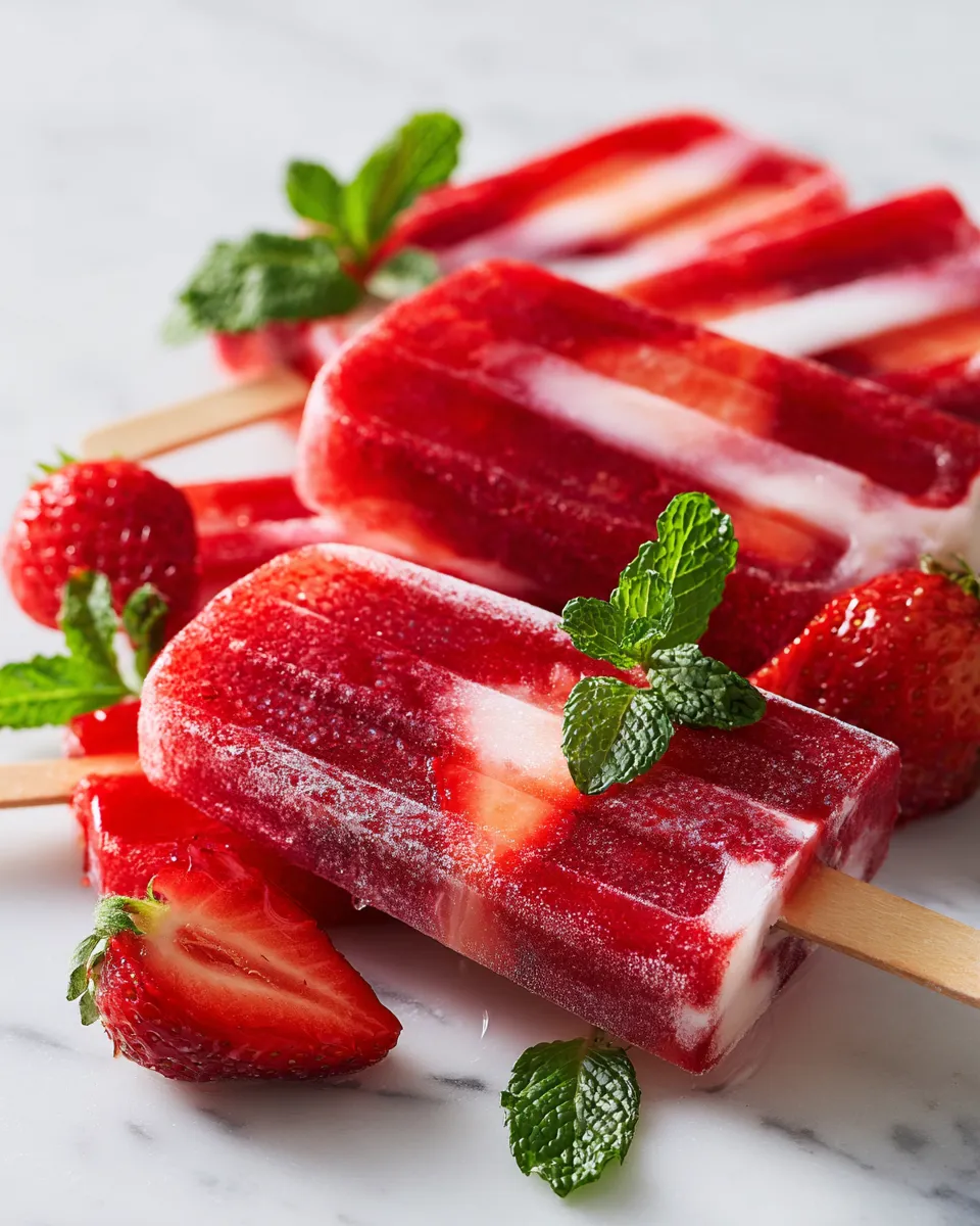 Delicious strawberry popsicles recipe made with fresh strawberries, sugar, and lemon juice, perfect summer treat for cooling down.